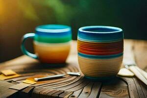 coloré café tasses sur une en bois tableau. généré par ai photo