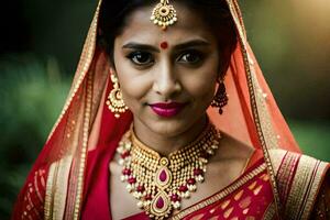 une magnifique Indien la mariée dans traditionnel tenue. généré par ai photo