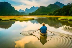 une homme pagaies une canoë sur une rivière avec montagnes dans le Contexte. généré par ai photo