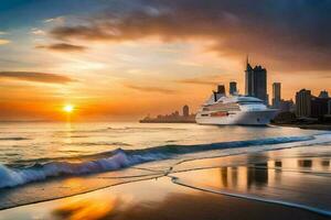 le croisière navire est amarré à le plage à le coucher du soleil. généré par ai photo