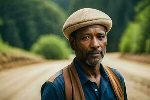 un africain homme portant une chapeau des stands sur une saleté route. généré par ai photo