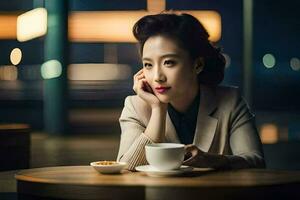 une femme est séance à une table avec une tasse de café. généré par ai photo