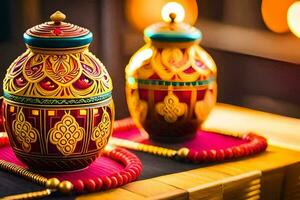 deux coloré des vases sur une table avec bougies. généré par ai photo