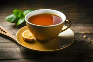 une tasse de thé avec citron et menthe feuilles sur une en bois tableau. généré par ai photo
