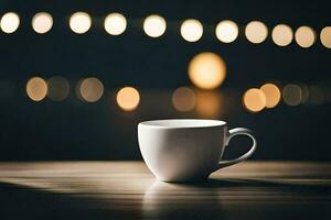 une café tasse séance sur une table dans de face de une flou Contexte. généré par ai photo