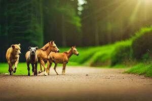 les chevaux fonctionnement sur une route dans le forêt. généré par ai photo