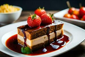 une pièce de gâteau avec des fraises et sauce sur il. généré par ai photo