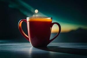 une rouge tasse de café sur une tableau. généré par ai photo