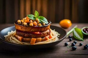 une assiette de nourriture avec Pâtes, myrtilles et tomates. généré par ai photo