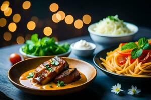 une assiette de nourriture avec nouilles, Viande et des légumes. généré par ai photo