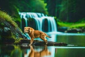 une chien permanent sur une Roche près une cascade. généré par ai photo