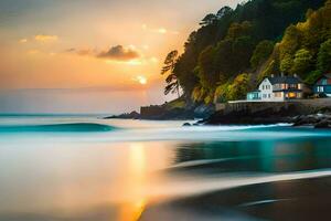 une maison sur le plage à le coucher du soleil. généré par ai photo