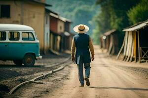 une homme dans une chapeau des promenades vers le bas une saleté route. généré par ai photo