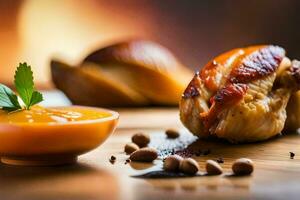 une assiette avec certains nourriture et une bol de sauce. généré par ai photo