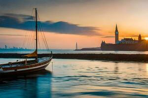 une bateau est assis dans le l'eau à le coucher du soleil avec une ville dans le Contexte. généré par ai photo