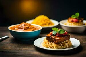 Trois assiettes avec spaghetti, Viande et sauce. généré par ai photo