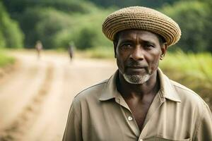 une homme portant une chapeau des stands sur une saleté route. généré par ai photo