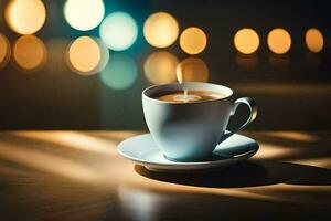 une tasse de café sur une table avec bokeh lumières. généré par ai photo