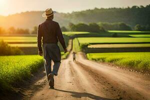 une homme en marchant vers le bas une saleté route dans une champ. généré par ai photo