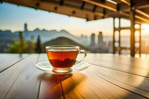 une tasse de thé sur une en bois table avec une vue de le ville. généré par ai photo