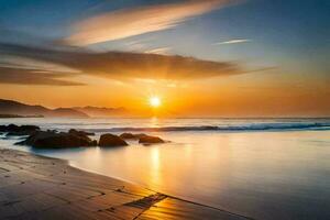 le Soleil monte plus de le océan et rochers sur le plage. généré par ai photo