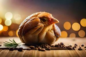 une poulet est séance sur une table avec épices. généré par ai photo