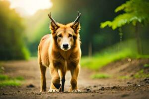 une marron chien avec cornes en marchant sur une saleté route. généré par ai photo