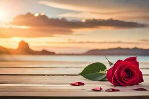 rouge Rose sur le en bois table avec le coucher du soleil dans le Contexte. généré par ai photo
