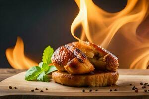 grillé poulet sur une en bois planche avec Feu. généré par ai photo