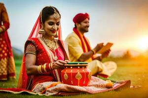 Indien mariage la cérémonie avec la mariée et jeune marié. généré par ai photo