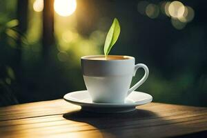 une tasse de café avec une vert plante. généré par ai photo