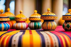 coloré des pots sur une coloré nappe de table. généré par ai photo