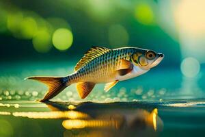 une poisson est permanent sur le l'eau avec une vert Contexte. généré par ai photo