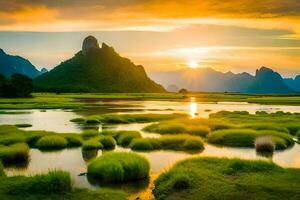 le Soleil monte plus de le montagnes et le rivière. généré par ai photo