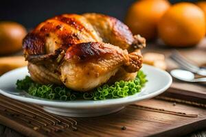 une rôti poulet sur une assiette avec vert des légumes. généré par ai photo