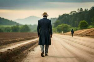 une homme dans une costume et chapeau en marchant vers le bas une saleté route. généré par ai photo