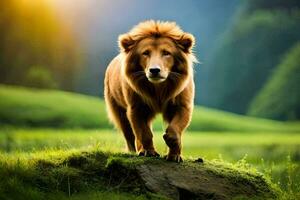 une Lion en marchant sur une herbeux champ. généré par ai photo