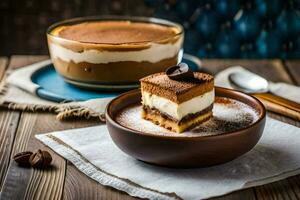 une dessert avec Chocolat et crème sur une en bois tableau. généré par ai photo