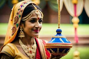 une magnifique Indien la mariée en portant une pot. généré par ai photo