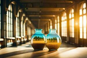 deux des vases avec le sable et l'eau dans leur séance sur une tableau. généré par ai photo