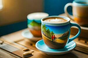 une tasse de café avec une La peinture de une plage scène. généré par ai photo