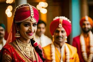 une magnifique la mariée dans traditionnel Indien tenue. généré par ai photo