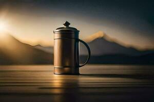 une café pot sur une en bois table dans de face de une Montagne. généré par ai photo