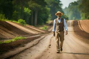 une homme dans une chapeau et gilet en marchant vers le bas une saleté route. généré par ai photo