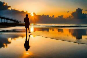 une homme permanent sur le plage à le coucher du soleil. généré par ai photo