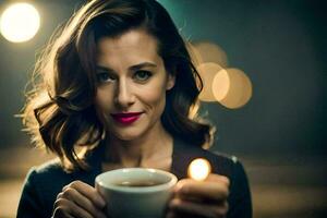 une femme en portant une tasse de thé et une allumé bougie. généré par ai photo