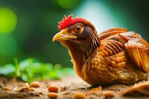 une poulet avec rouge plumes séance sur le sol. généré par ai photo