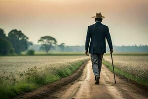 une homme dans une costume et chapeau en marchant vers le bas une saleté route. généré par ai photo