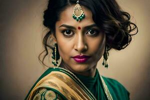 une magnifique Indien femme dans une vert sari. généré par ai photo