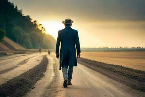 une homme dans une chapeau et manteau des promenades vers le bas une saleté route. généré par ai photo